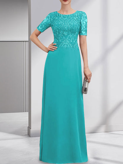 A-Linie U-Ausschnitt Bodenlang Spitzen-Chiffon-Kleid für die Brautmutter mit Pailletten