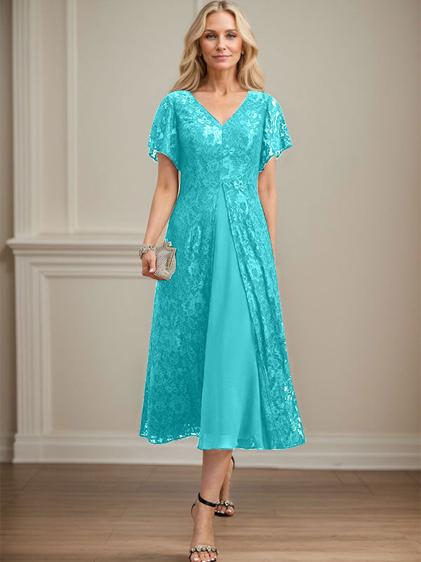 A-Linie V-Ausschnitt Wadenlanges Chiffon-Kleid für die Brautmutter 