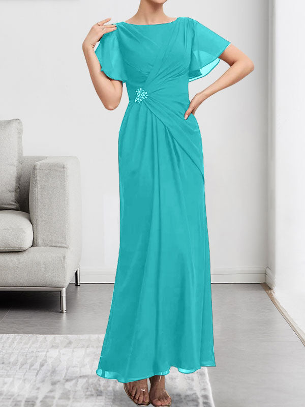 Robe de mère de la mariée en mousseline, longueur cheville, en ligne A, encolure dégagée, ornée de perles et plissée