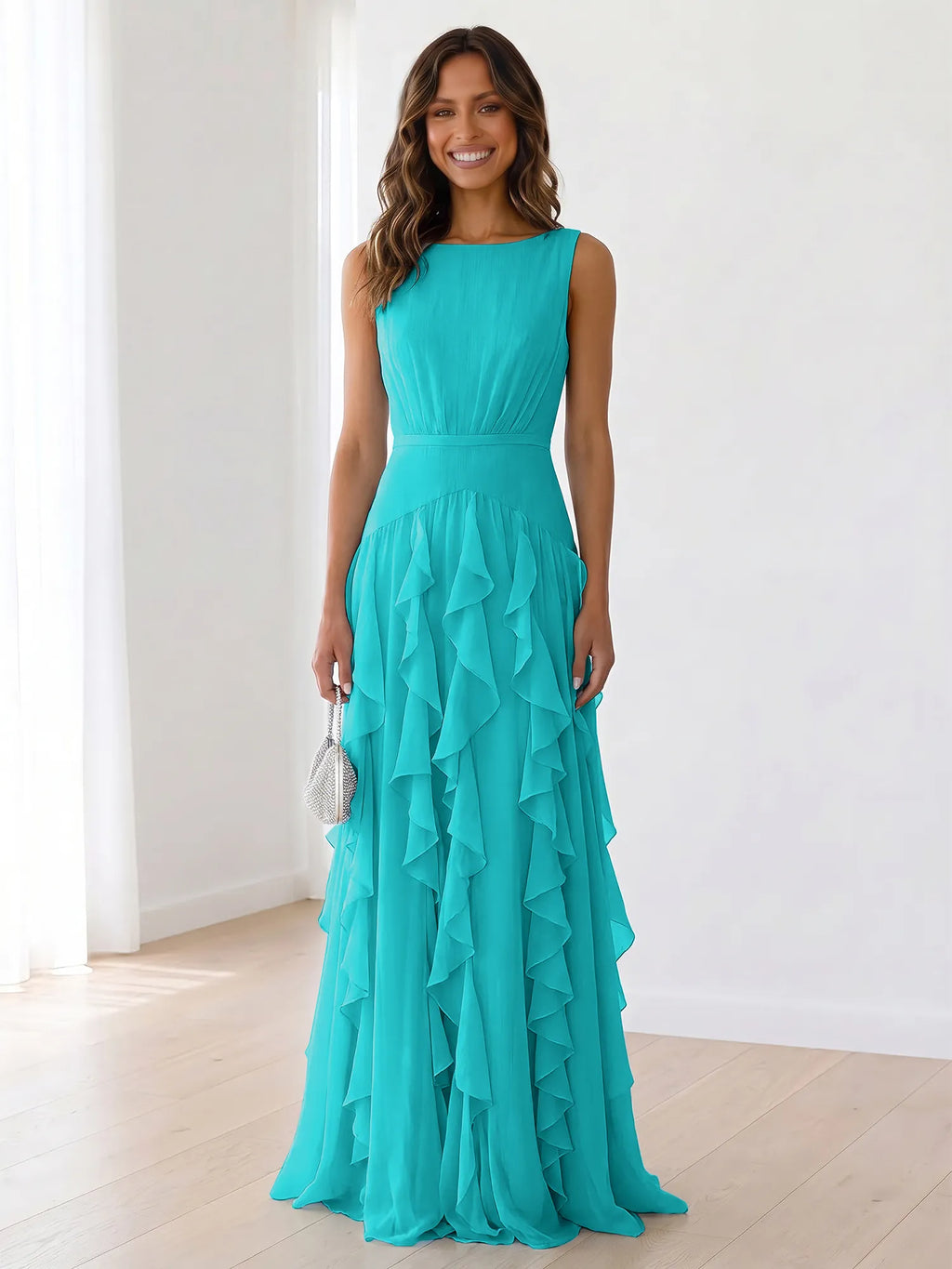 Sky Blue Tiered Chiffon Evening Maxi Dress With Ruched Bodice