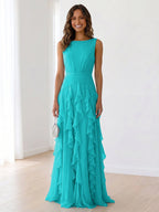 Sky Blue Tiered Chiffon Evening Maxi Dress With Ruched Bodice