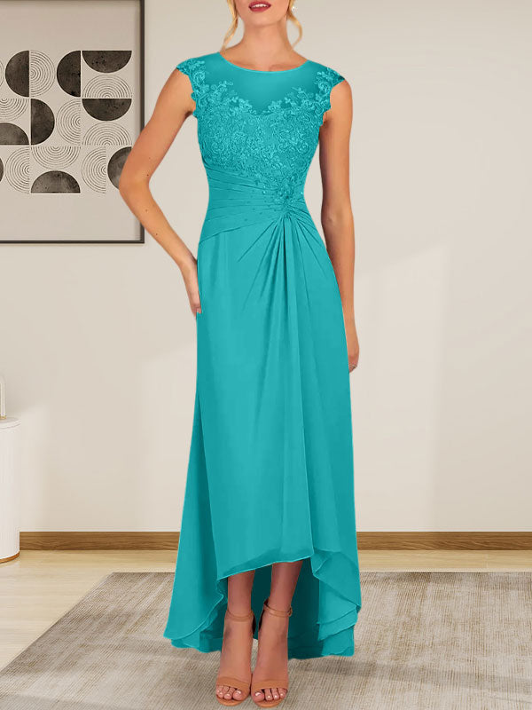 Champagne A-Line Scoop Lace Chiffon Dress