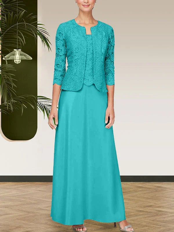 فستان مع جاكيت تنورة من الدانتيل اللامع والساتان مع جاكيت مفتوح