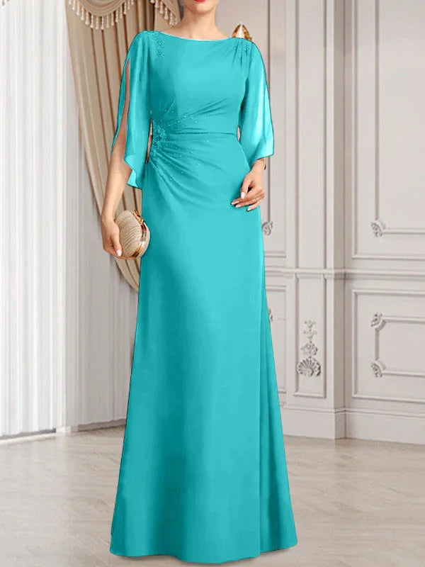 Vestido de madrina de novia de gasa largo hasta el suelo con corte columna y fajín plisado con cuentas