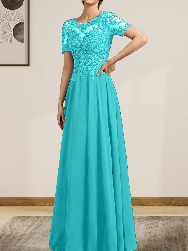 A-Linie U-Ausschnitt Illusion Bodenlang Chiffon Spitze Mutter der Braut Kleid mit Pailletten Perlen