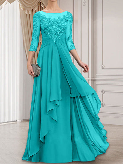 A-Linie, U-Ausschnitt, Illusion, bodenlanges Chiffon-Kleid für die Brautmutter mit kaskadierenden Rüschen