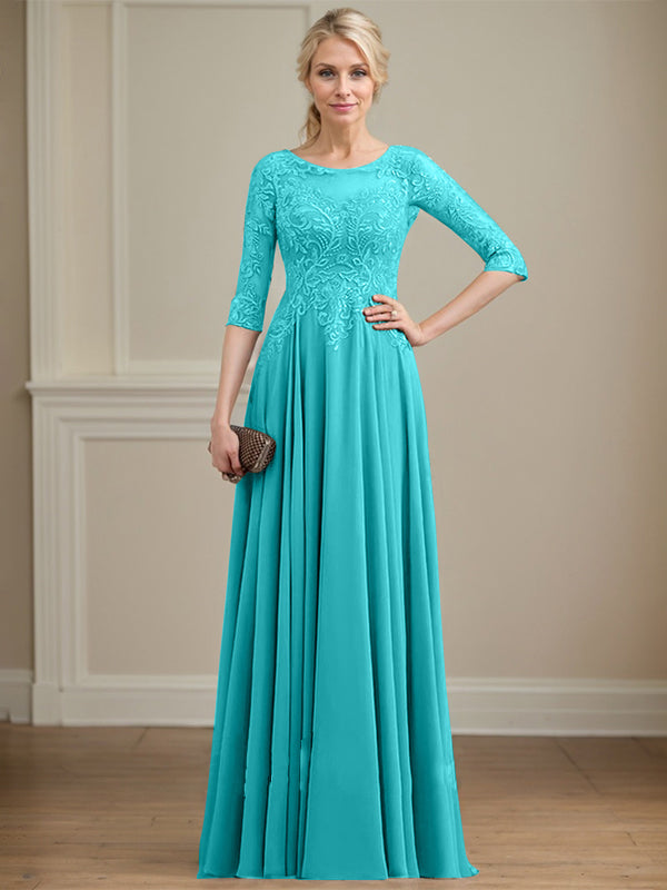 Robe de mère de la mariée en dentelle et mousseline, longueur au sol, coupe en A, décolleté illusion en forme de goutte, ornée de paillettes