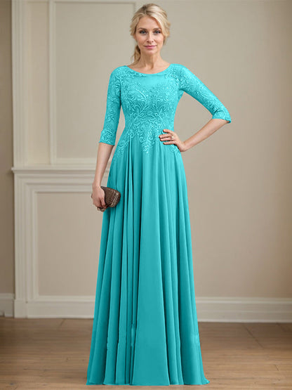 A-Linie, U-Ausschnitt, Illusion, bodenlanges Spitzen-Chiffon-Kleid für die Brautmutter mit Pailletten 