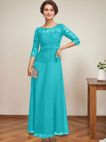 A-Linie, U-Ausschnitt, Illusion, knöchellang, Chiffon, Spitze, Kleid für die Brautmutter mit Strass-Perlen 
