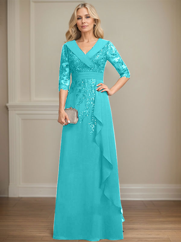 Robe de mère de la mariée en mousseline de soie à col en V, longueur au sol, ligne A, avec dentelle, paillettes et volants en cascade