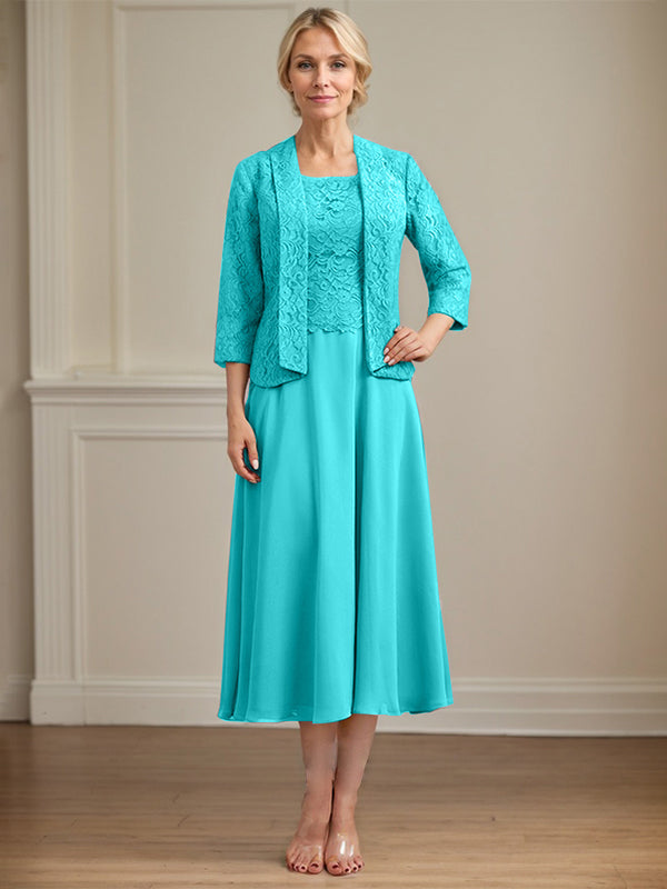 A-Linie U-Ausschnitt Wadenlang Chiffon-Kleid für die Brautmutter 
