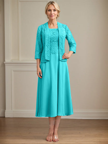A-Linie U-Ausschnitt Wadenlang Chiffon-Kleid für die Brautmutter 