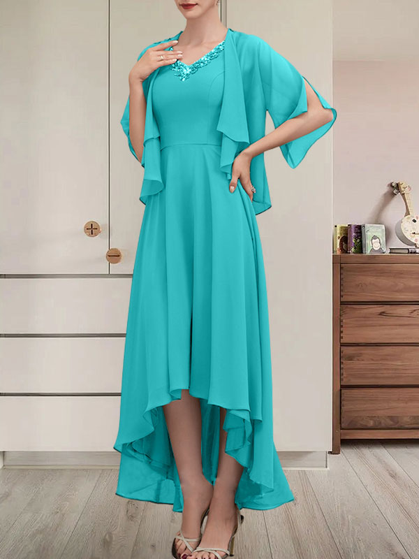 Vestido de gasa asimétrico para madre de la novia con escote en V, corte A y lentejuelas con abalorios