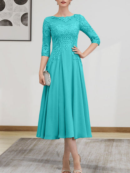 A-Linie, U-Ausschnitt, Illusion, knielang, Chiffon, Spitze, Kleid für die Brautmutter mit Perlen und Pailletten