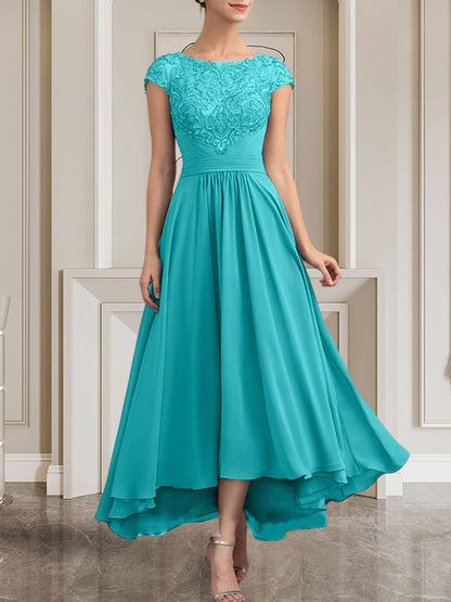 A-Linie U-Ausschnitt Bodenlang Spitzen-Chiffon-Kleid für die Brautmutter mit Pailletten