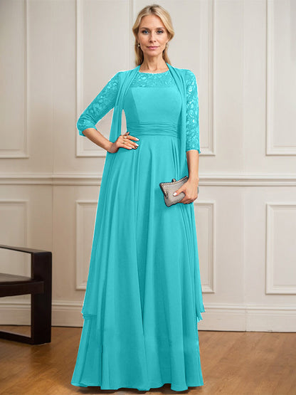 A-Linie U-Ausschnitt Illusion Bodenlang Spitze Chiffon Mutter der Braut Kleid Mit Plissee 