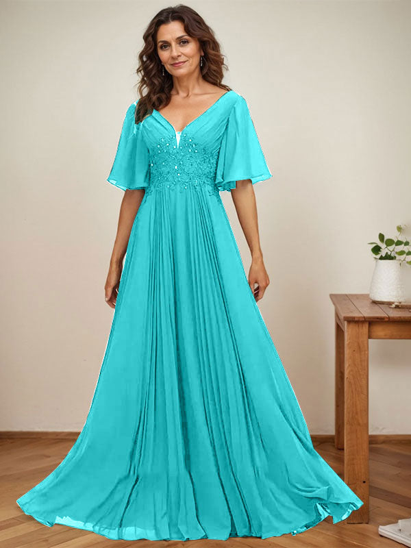 A-Linie V-Ausschnitt Bodenlang Chiffon Mutter der Braut Kleid Mit Pailletten Applikationen Spitze Plissee 
