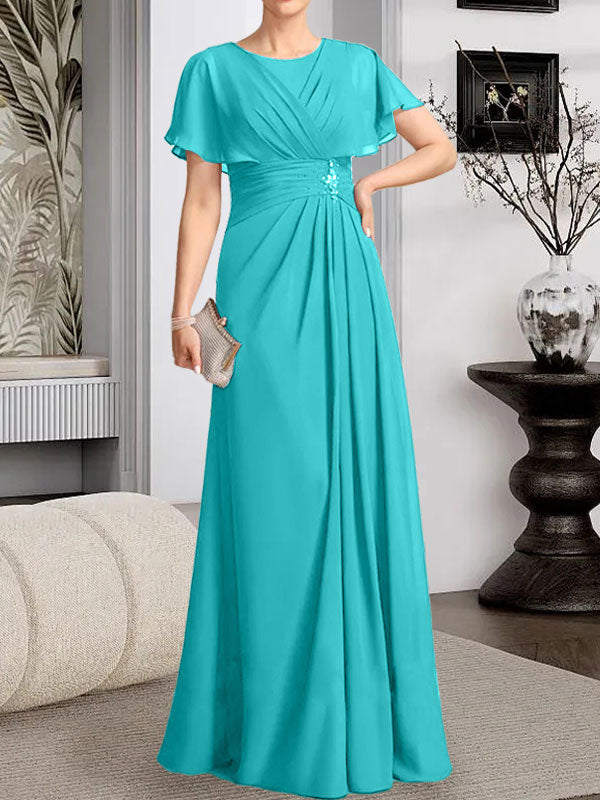 Robe de mère de la mariée en mousseline, longueur au sol, en ligne A, décolleté arrondi, ornée de perles plissées