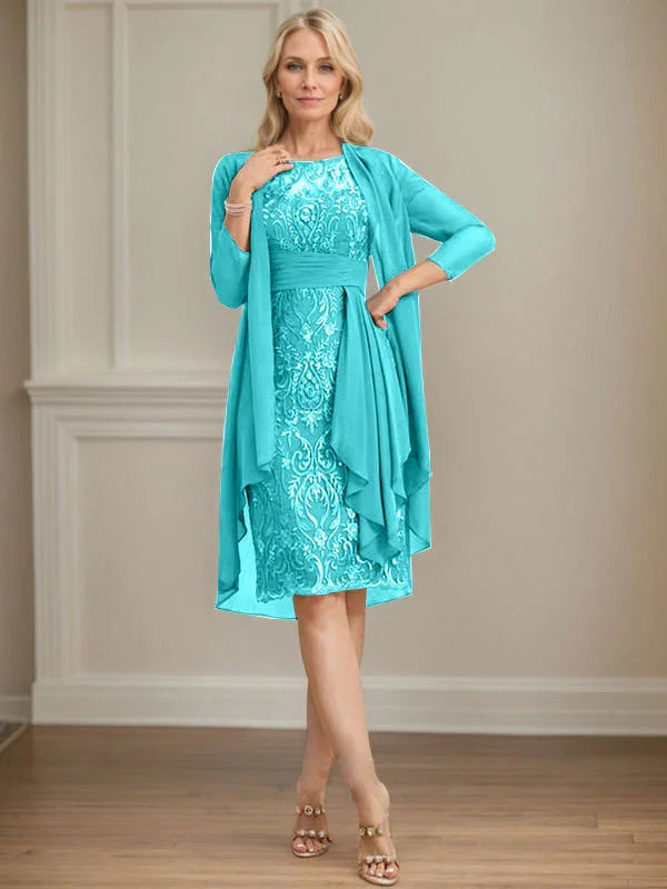 Abito da madre della sposa in pizzo e chiffon con gonna a colonna a effetto illusion fino al ginocchio, con balze a cascata e paillettes