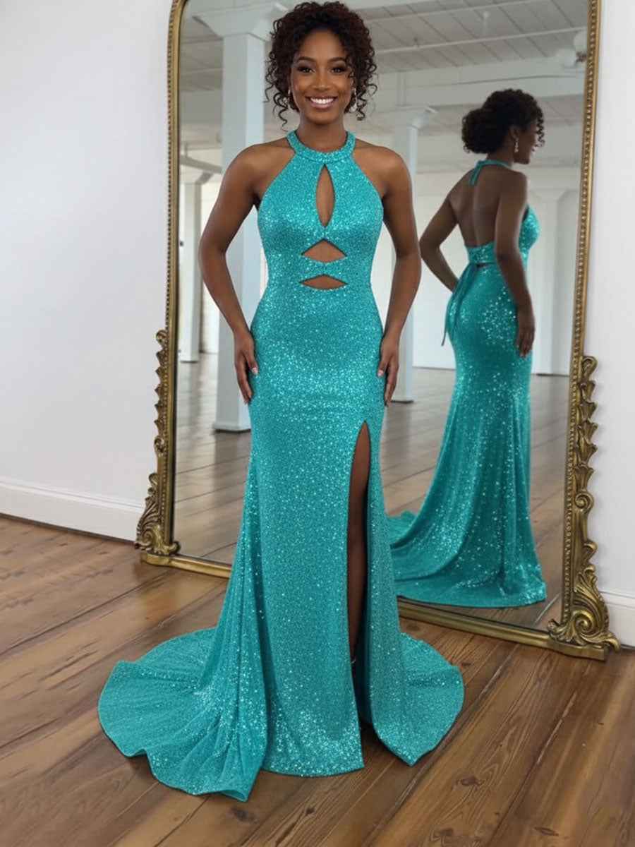 Turquoise Sequin Halter Neck Prom Dress With Slit