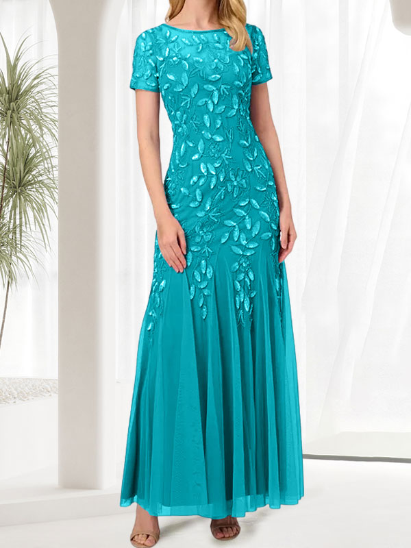Blue Mermaid Round Neck Long Mother of the Bride Dress With Beadings