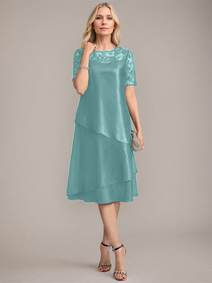 A-Linie, U-Ausschnitt, knielanges Kleid für die Brautmutter mit Applikationen und Pailletten 