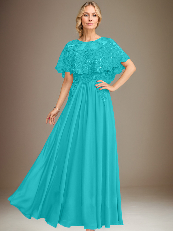 Robe de mère de la mariée en mousseline de soie à dentelle, longueur au sol, en ligne A, col bateau, ornée d'appliques à paillettes