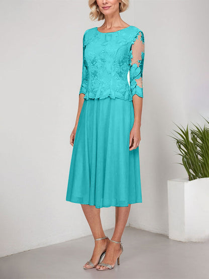 A-Linie U-Ausschnitt Wadenlang Spitzen Chiffon Mutter der Braut Kleid mit Stickerei 