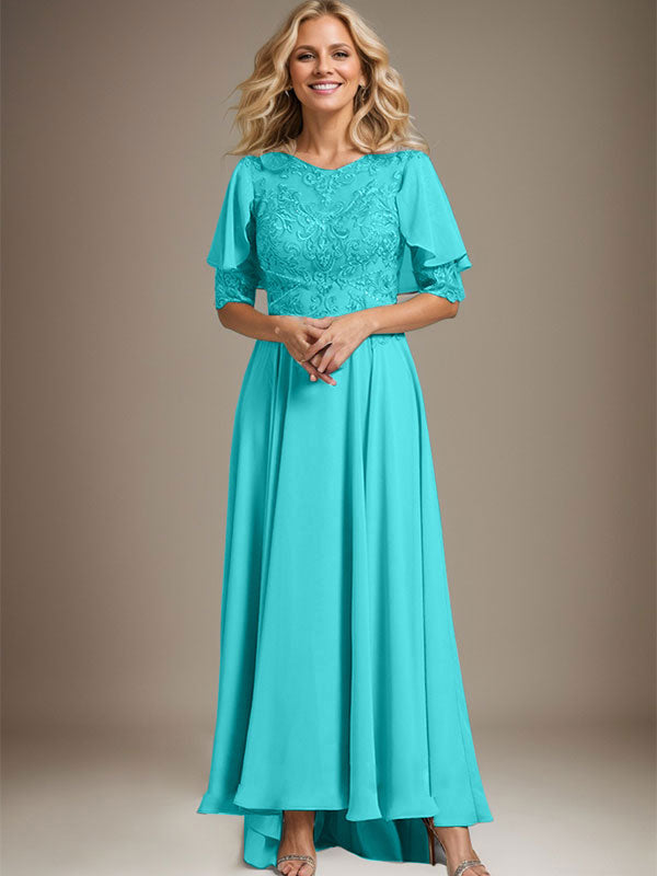 Robe de mère de la mariée en mousseline et dentelle asymétrique à encolure dégagée en ligne A avec perles