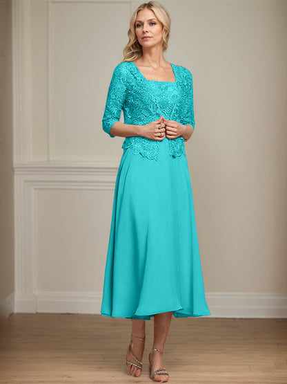 A-Linie Quadratisches Wadenlanges Chiffon-Spitzenkleid für die Brautmutter mit Pailletten und Perlen 