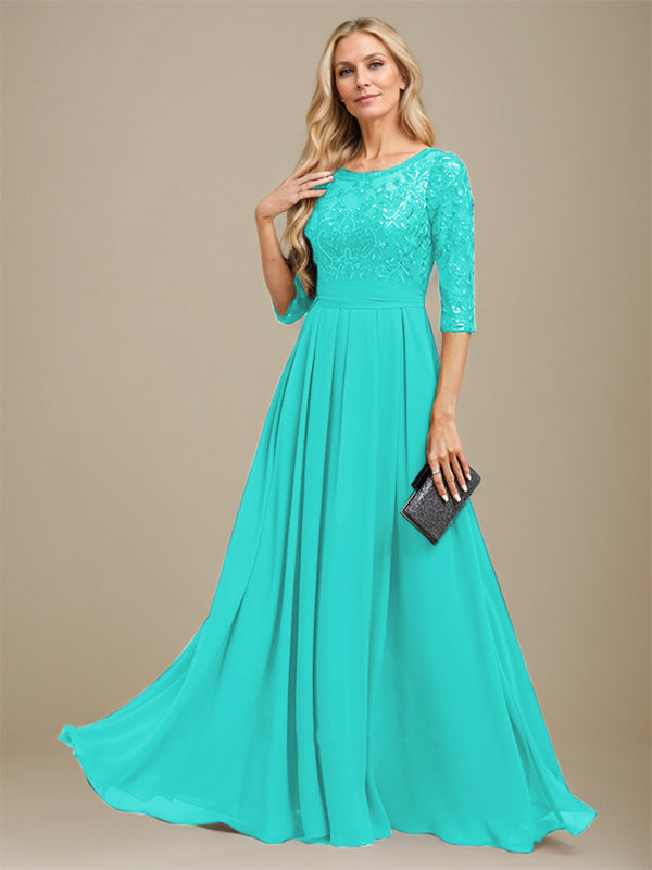 A-Linie U-Ausschnitt Bodenlang Spitzen-Chiffon-Kleid für die Brautmutter mit Paillettenapplikation 