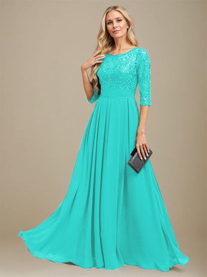 A-Linie U-Ausschnitt Bodenlang Spitzen-Chiffon-Kleid für die Brautmutter mit Paillettenapplikation 