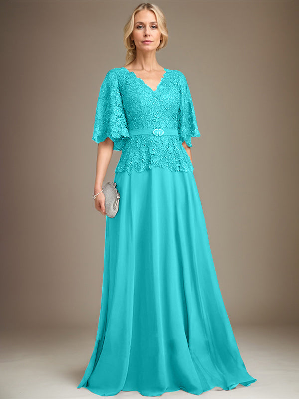 A-Linie V-Ausschnitt Bodenlang Chiffon Spitze Mutter der Braut Kleid Mit Kristall Brosche Strass 