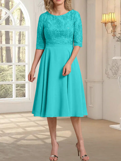 A-Linie U-Ausschnitt Knielang Chiffon Spitzenkleid für die Brautmutter
