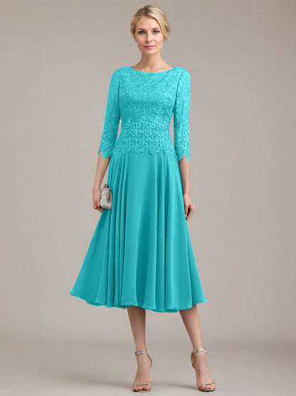 A-Linie U-Ausschnitt Wadenlang Chiffon-Kleid für die Brautmutter 