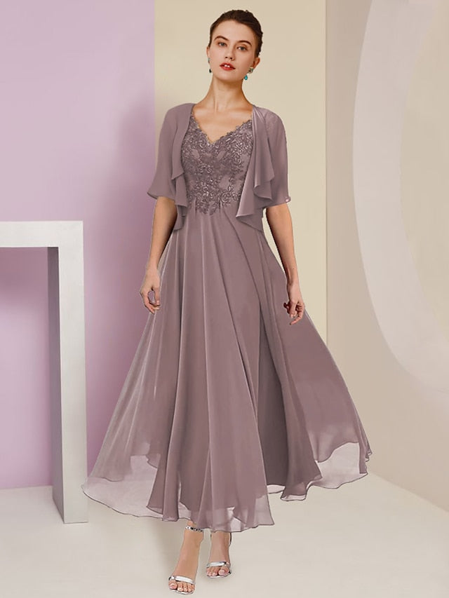 V-Neck A-Line Princess Tea-Length Dress for Mother of the Bride