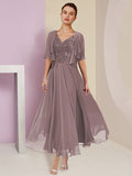 V-Neck A-Line Princess Tea-Length Dress for Mother of the Bride