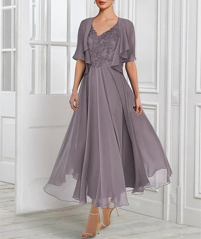 A-Linie/Princess-Linie, Chiffon, V-Ausschnitt, kurze Ärmel, Kleider für die Brautmutter mit Spitzenjacke, Falten, Applikationen 