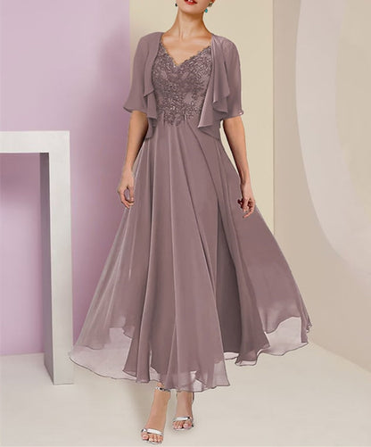 A-Linie/Princess-Linie, Chiffon, V-Ausschnitt, kurze Ärmel, Kleider für die Brautmutter mit Spitzenjacke, Falten, Applikationen 