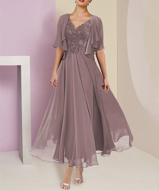 A-Linie/Princess-Linie, Chiffon, V-Ausschnitt, kurze Ärmel, Kleider für die Brautmutter mit Spitzenjacke, Falten, Applikationen 