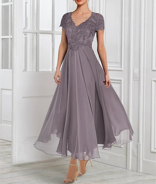A-Linie/Princess-Linie, Chiffon, V-Ausschnitt, kurze Ärmel, Kleider für die Brautmutter mit Spitzenjacke, Falten, Applikationen 