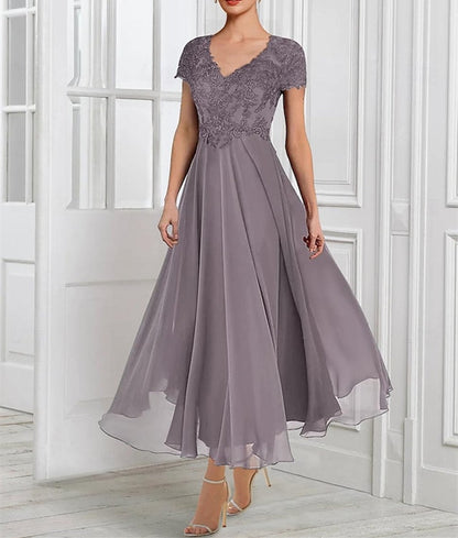 A-Linie/Princess-Linie, Chiffon, V-Ausschnitt, kurze Ärmel, Kleider für die Brautmutter mit Spitzenjacke, Falten, Applikationen 