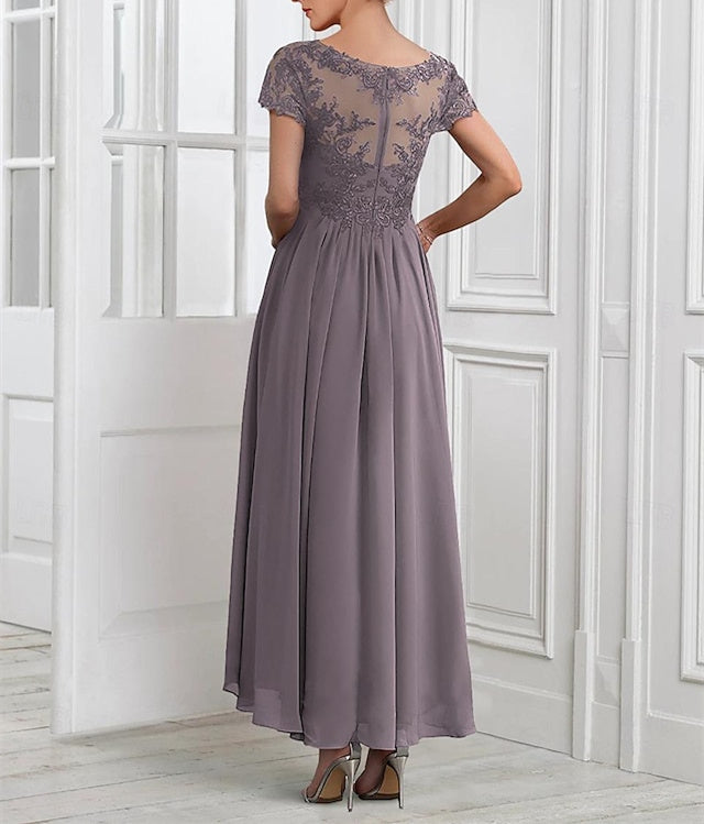 A-Linie/Princess-Linie, Chiffon, V-Ausschnitt, kurze Ärmel, Kleider für die Brautmutter mit Spitzenjacke, Falten, Applikationen 