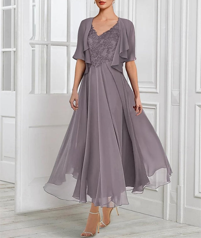 A-Linie/Princess-Linie, Chiffon, V-Ausschnitt, kurze Ärmel, Kleider für die Brautmutter mit Spitzenjacke, Falten, Applikationen 