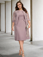 Robe de mariée pour la mère de la mariée, coupe princesse/évasée, col ras du cou, longueur genou