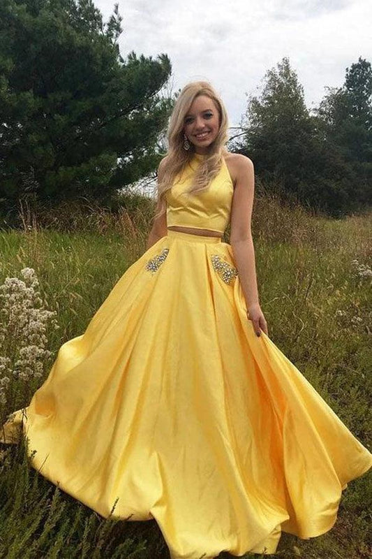 Vestido de fiesta largo de satén con cuello halter de dos piezas y bolsillo con cuentas