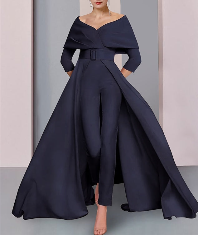 Mother Of The Bride Pantsuit With Belt Long Sleeve Scoop Neck