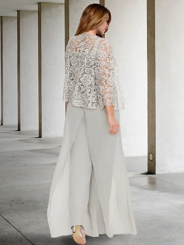 بدلات بنطلون برقبة مربعة من الشيفون لأم العروس مع سترة