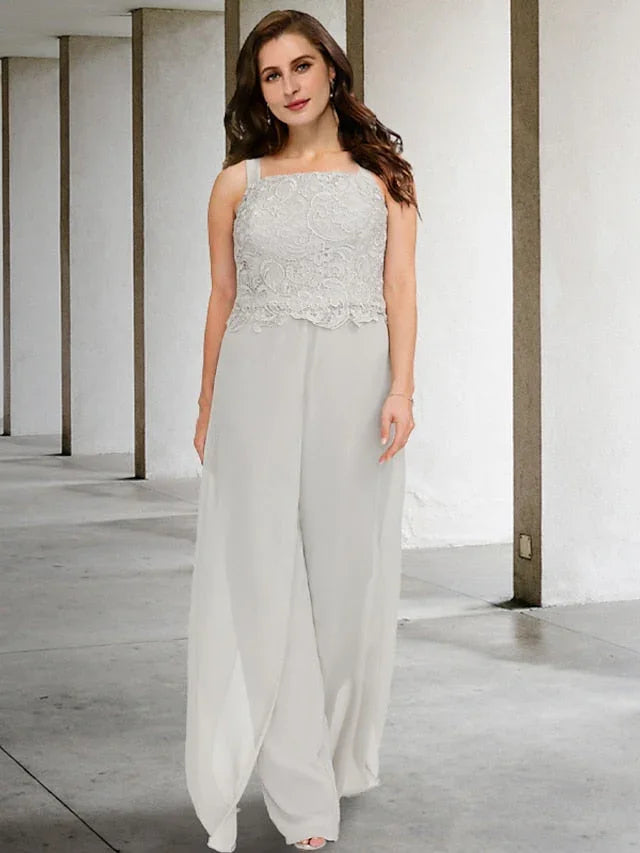 بدلات بنطلون برقبة مربعة من الشيفون لأم العروس مع سترة