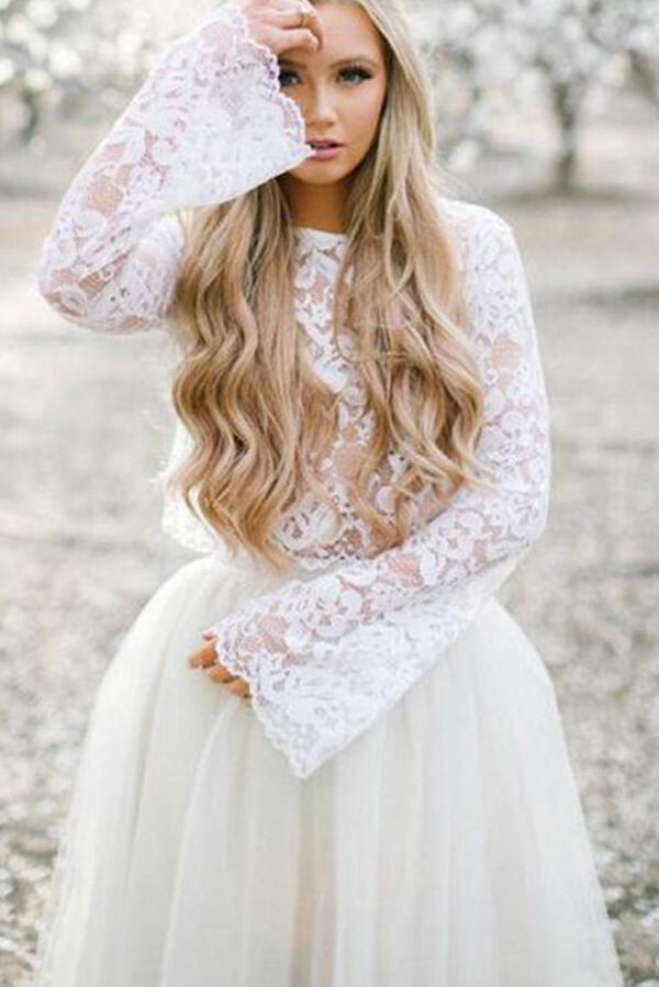 Two Piece Lace Top Long Sleeves Homecoming Dresses, Short Prom Dress